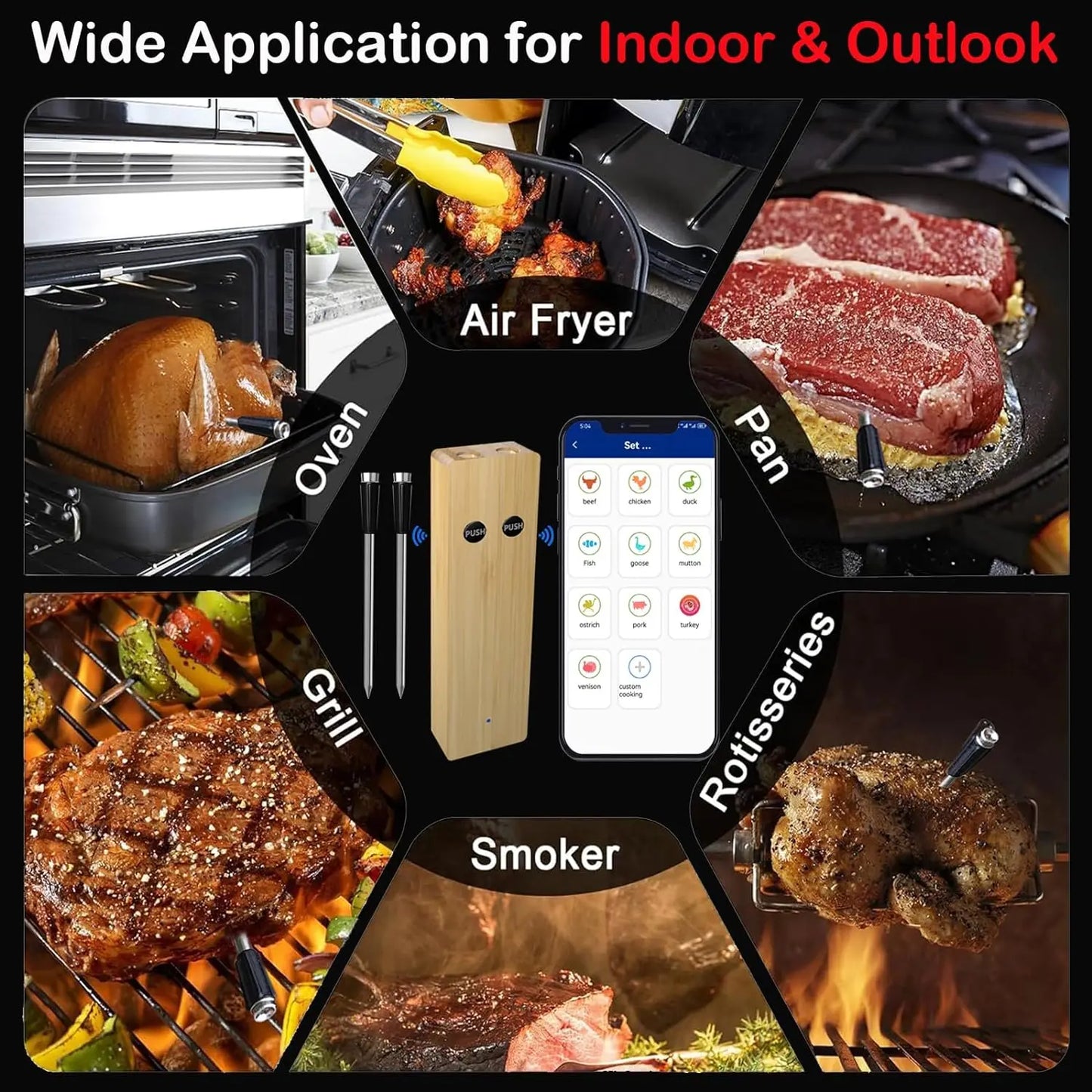 Searke Wireless Bluetooth Meat Thermometer IP67 Waterproof Probes APP 500m Distance Rechargeable for Grilling Smoker BBQ Oven