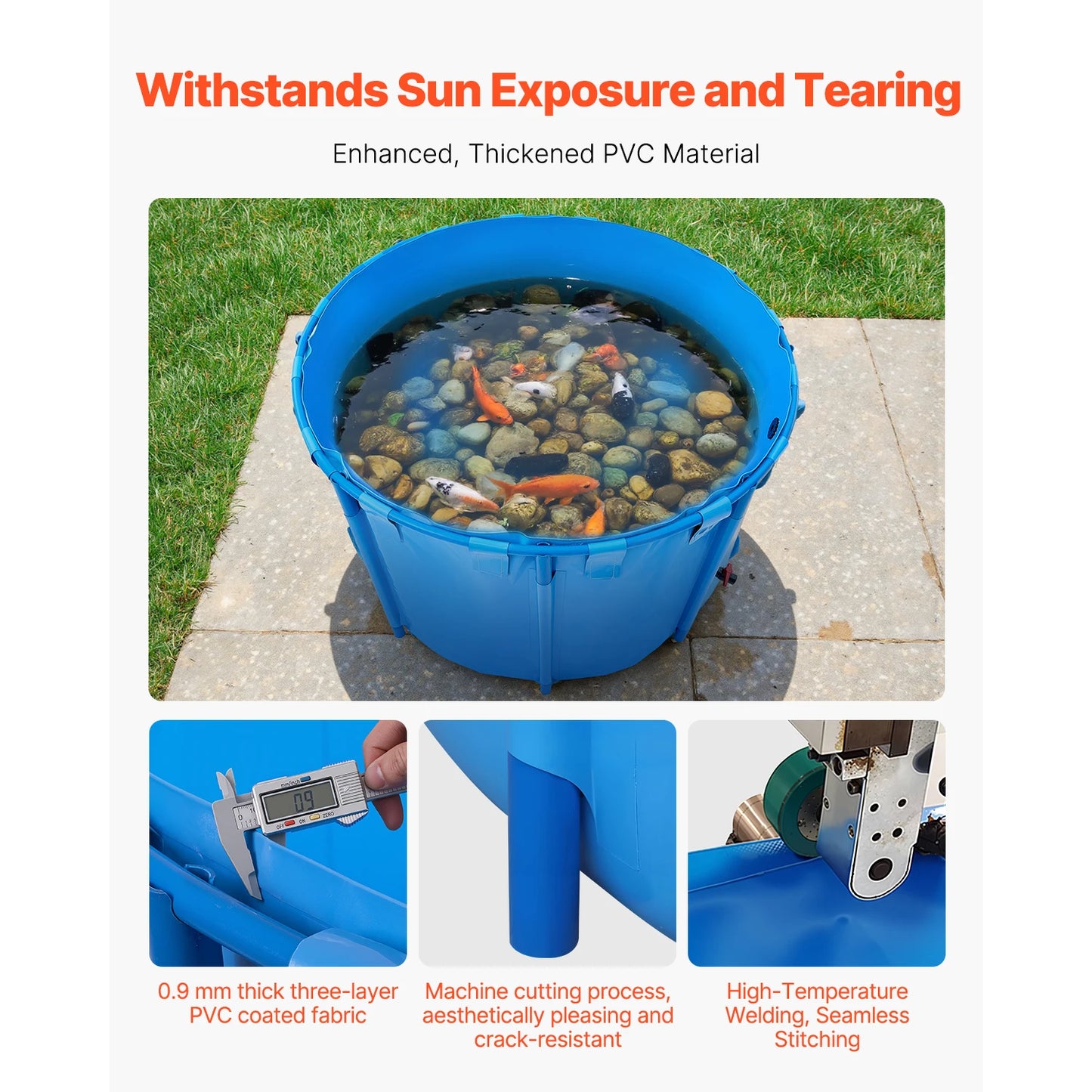 SucceBuy Canvas Fish Pond 448.8Gal Above Ground Fish Pond, Foldable PVC Koi Tank with Frame and Drain Valve for Aquaculture Blue