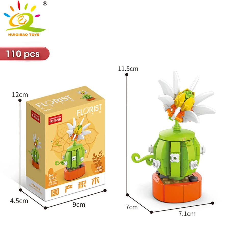HUIQIBAO MOC Flower Succulent Potted Model Building Block DIY Eternal Bouquet Home Desk Plant Decor Brick Girl Gift Children Toy