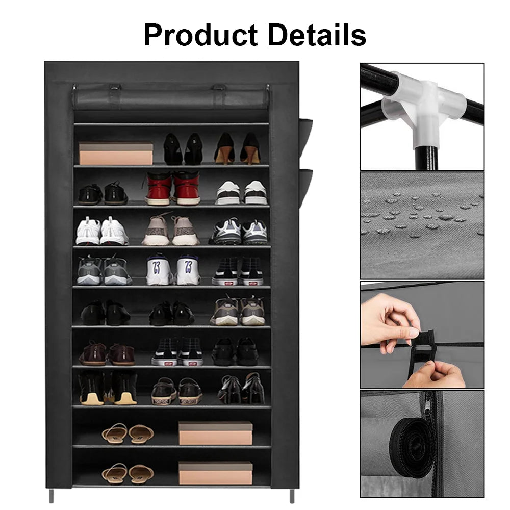 Shoe Rack 10 Tier Shelves Shoes Cabinet Storage 50 Pairs Steel Stand With Cover
