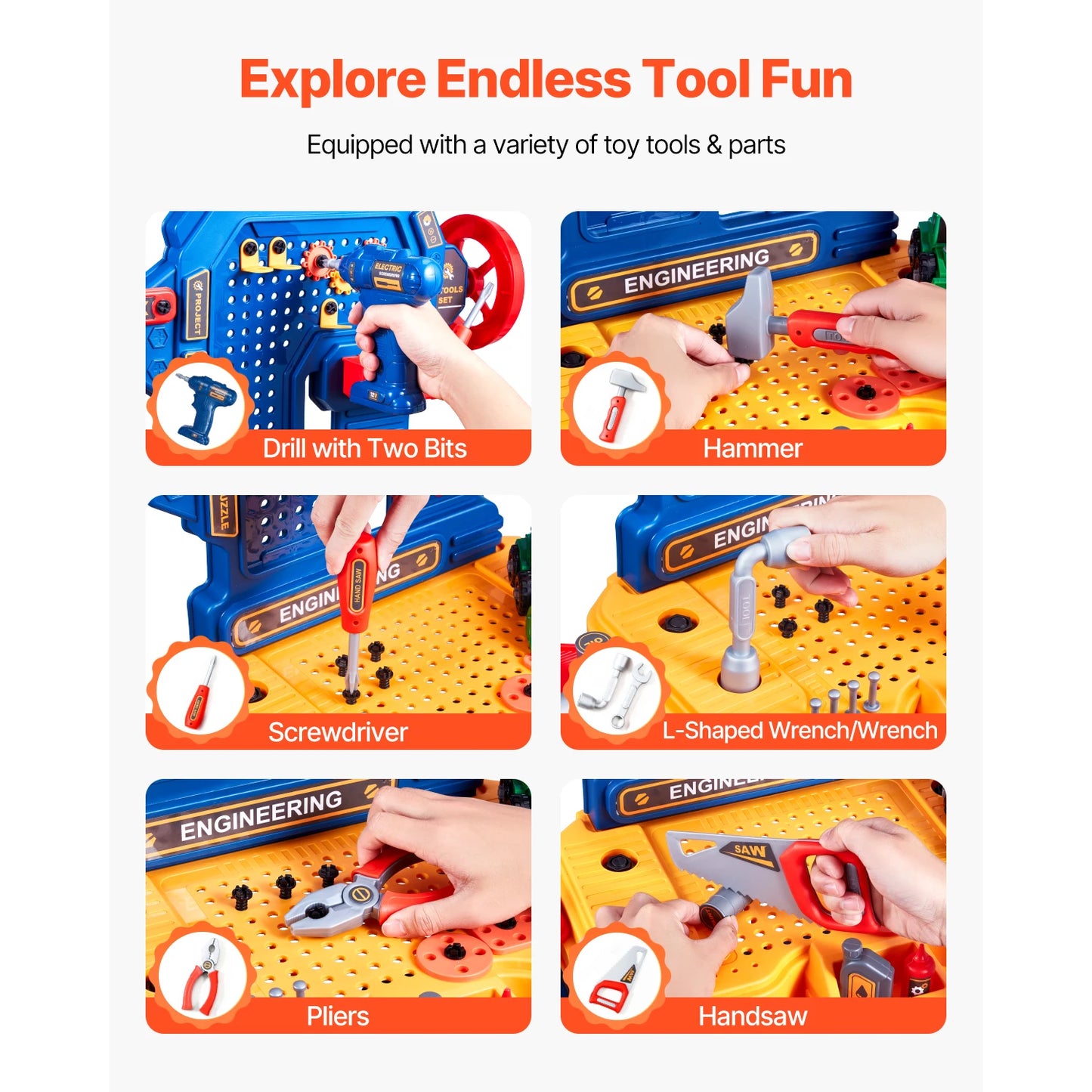 SucceBuy 181 pcs Kids Tool Bench Realistic Transformable Tool Set with Toddler Bench Pretend Play Learning Gift for Children Toy