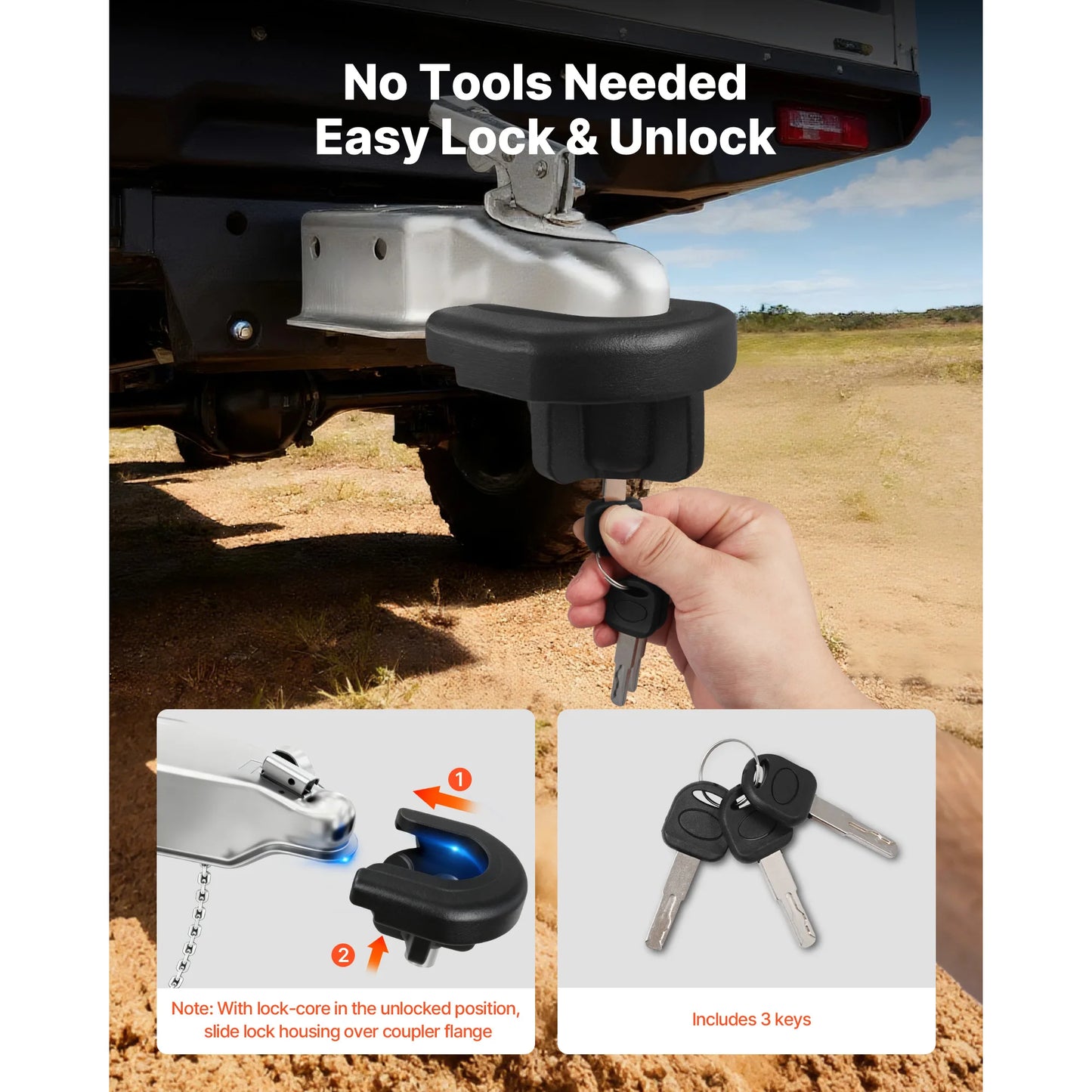 SucceBuy Trailer Hitch Lock Fits 2in Couplers Anti-Theft Trailer Ball Lock with 3 Keys Prying Resistant for Off-Road Vehicles