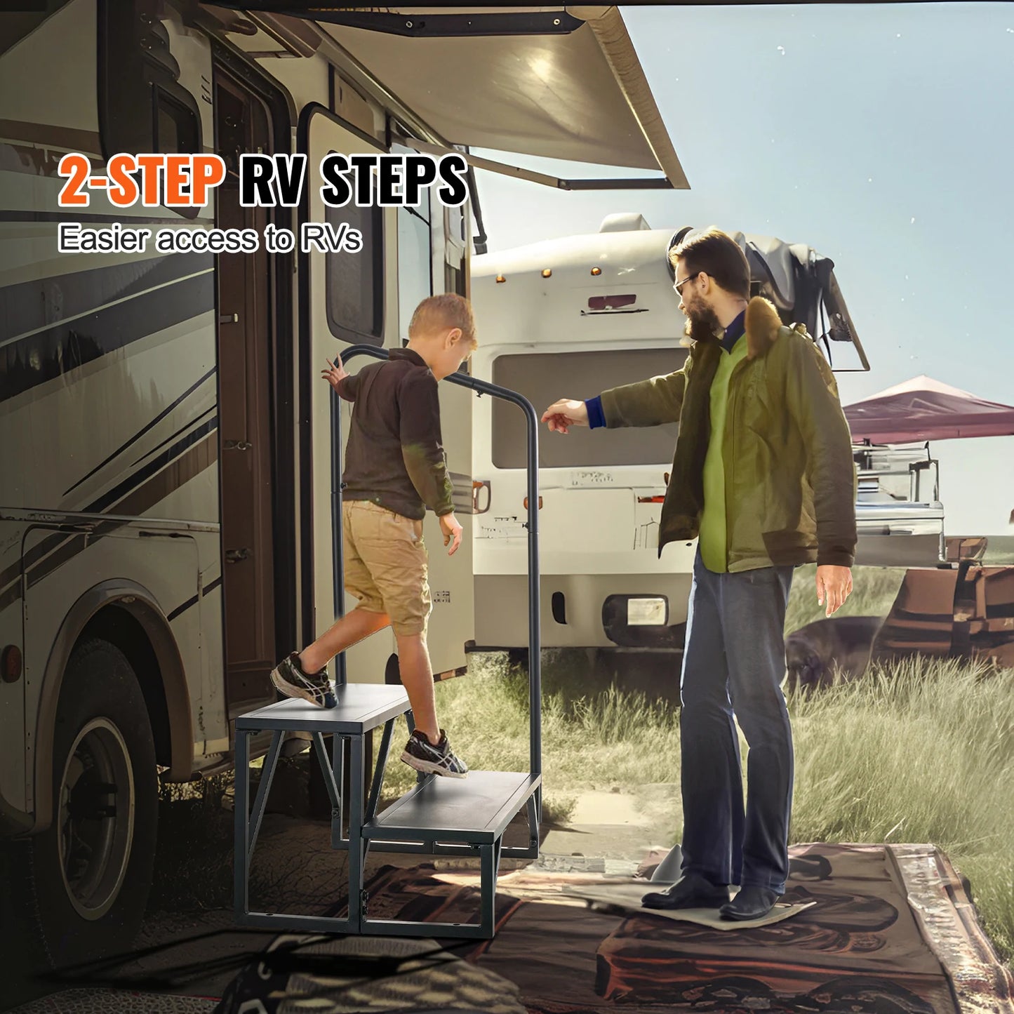 SucceBuy RV Steps 2-Step RV Stairs 440LBS Load Capacity Thickened Carbon Steel With Handrail Non-Slip Steps for Safe Entry Exit