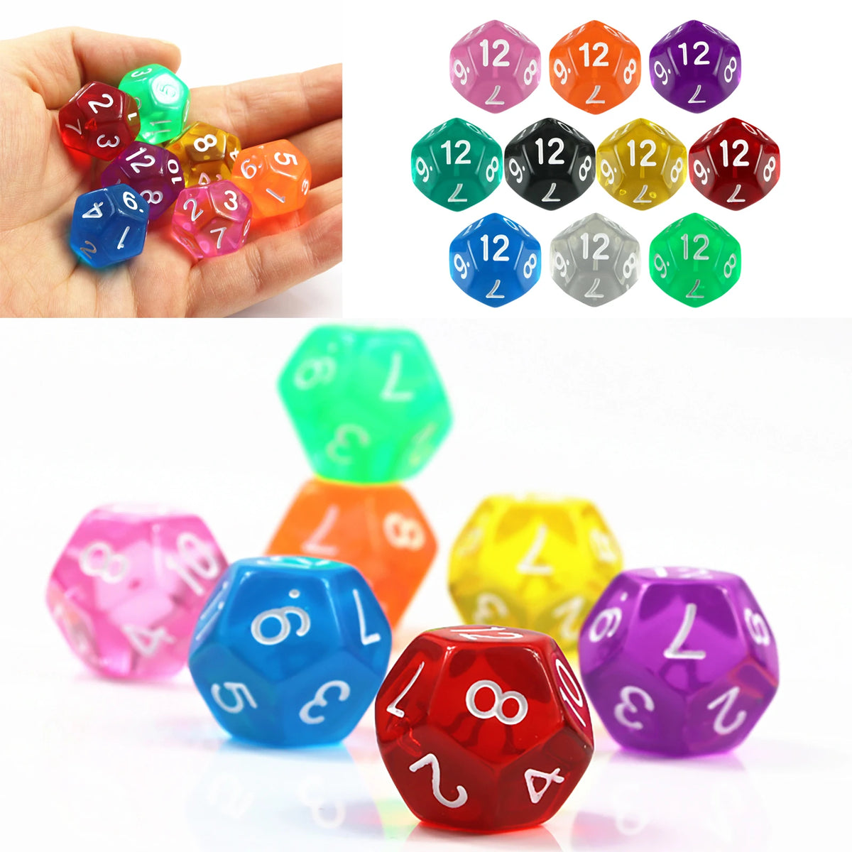 10pcs/set Polyhedral 12 Sided Dice Transparent D12 Dice for DND TRPG Table Game Entertainment Supplies