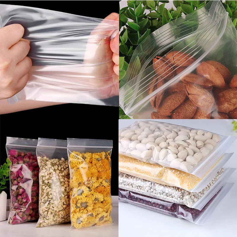 200/100PCS Transparent Zip Bags Food Jewelry Vacuum Storage Bag Plastic Thicken Reclosable Poly Bag Kitchen Organization 2030