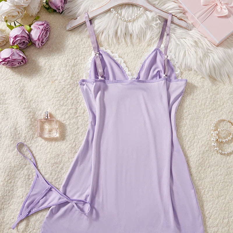 Light Purple Deep V Women Nightdress Sexy Lace Bow Lingerie Adult Dress Babydoll Sex Sleepdress Underwear Set Erotic Clothing