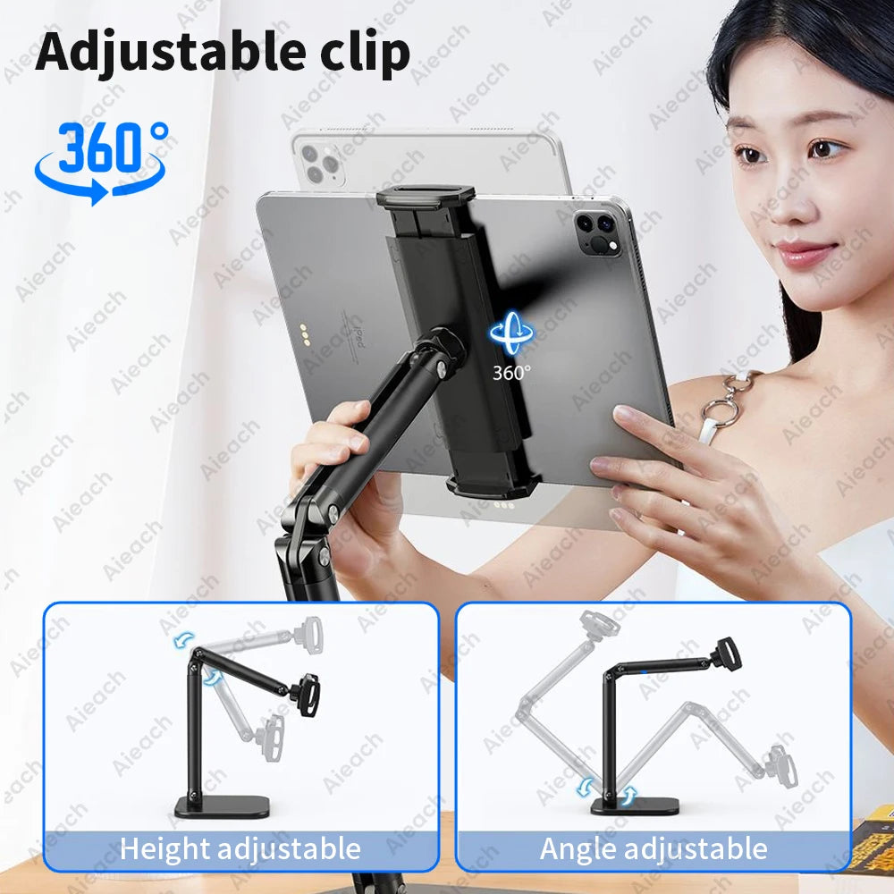 AIEACH Tablet Stand Holder Multi-Angle Adjustable, 15" Long Metal Flexible Arm iPad Stand for 4.7-13" Tablet & Phone, Ergonomic