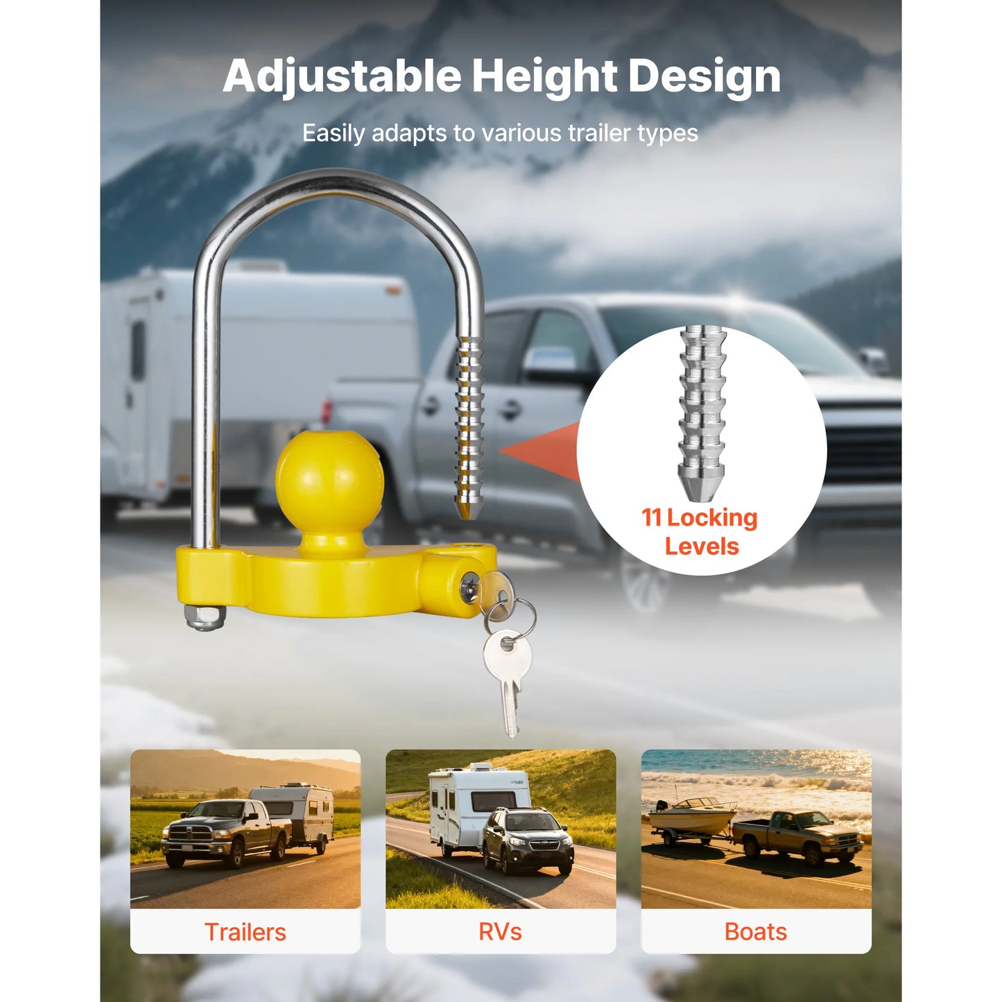 SucceBuy Trailer Hitch Lock Kit Fits for 1-7/8 in 2 in 2-5/16 in Couplers with Keys Adjustable Height Design for RVs Trailers