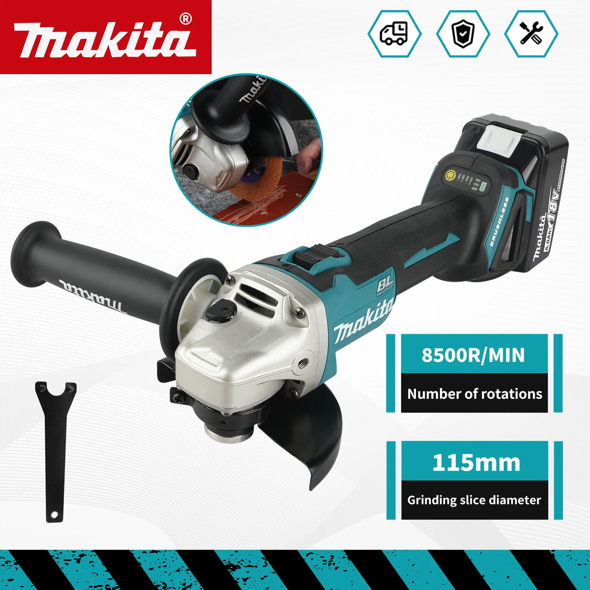 Makita DGA454 Hand‑held Cordless Angle Grinder 18V 115mm Brushless Motor Auto Speed Control for Metal Trimming Operation