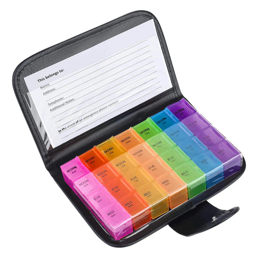 7day Pill Box 28 Compartments Multi-Coloured Weekly Case with PU Wallet for Vitamins Fish Oils Tablet Medicine Storage Organizer