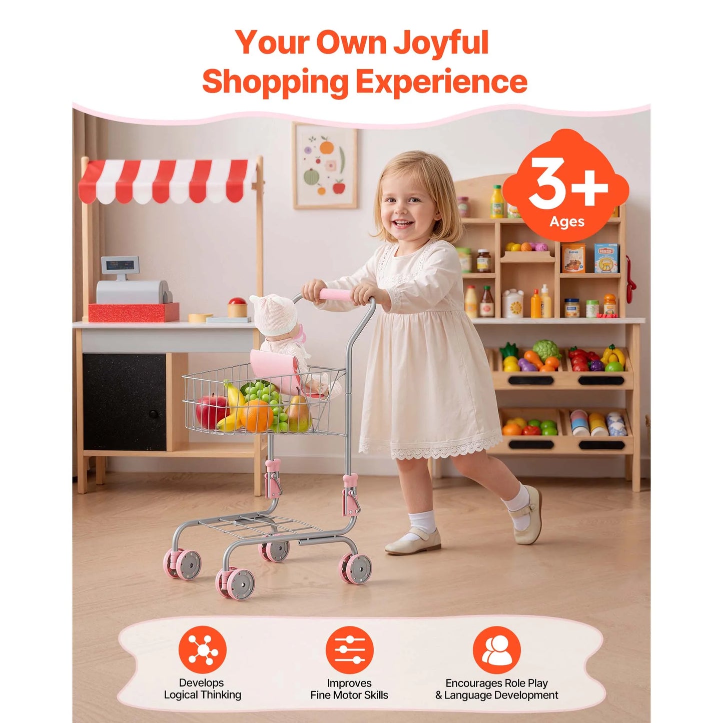 SucceBuy Kids Shopping Basket Foldable Cart Toy with Baby Doll Grocery Store Pretend Play Toys Trolley for Children Toddlers
