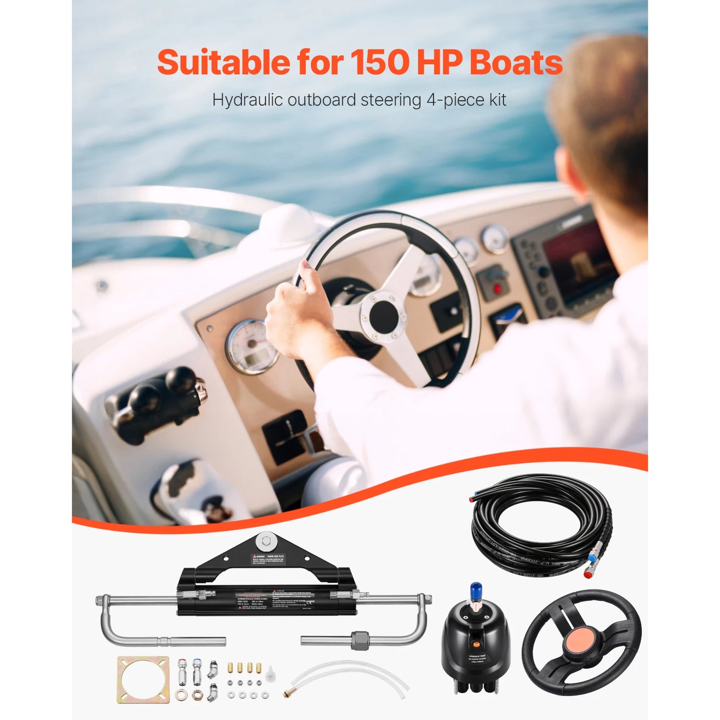 VEVOR 150HP Hydraulic Outboard Steering Kit, Marine Boat Hydraulic Steering System with 2PCS 26FT Hoses for Single-Engine Boats