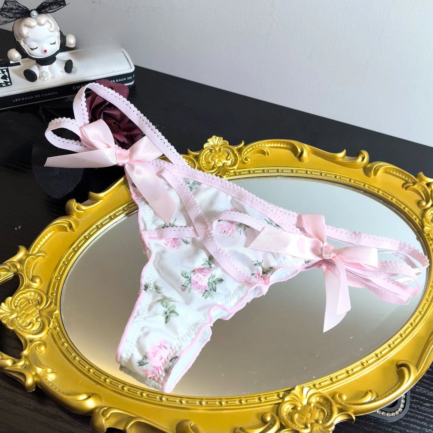 Ruffled Lovely Sweet Thong Briefs women Smooth Satin Panties Floral Printed T-back Underwear Bow Cross Strap Low Rise Underpants
