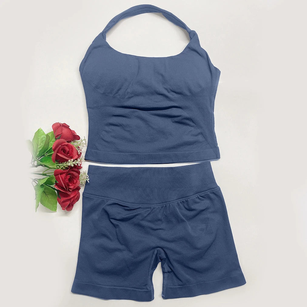 Yoga Outfit DFNNYE Two Pieces Gym Set Women DF Impact Yoga Outfits Backless Halter Top Shorts Fitness Clothes Workout Sets
