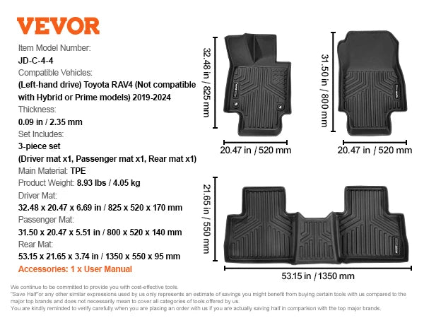 SucceBuy Automotive Floor Mats, Fits for Toyota RAV4 (Not for Hybrid or Prime) 2019-2024, 3 pcs Front and 2nd Row Liners for SUV
