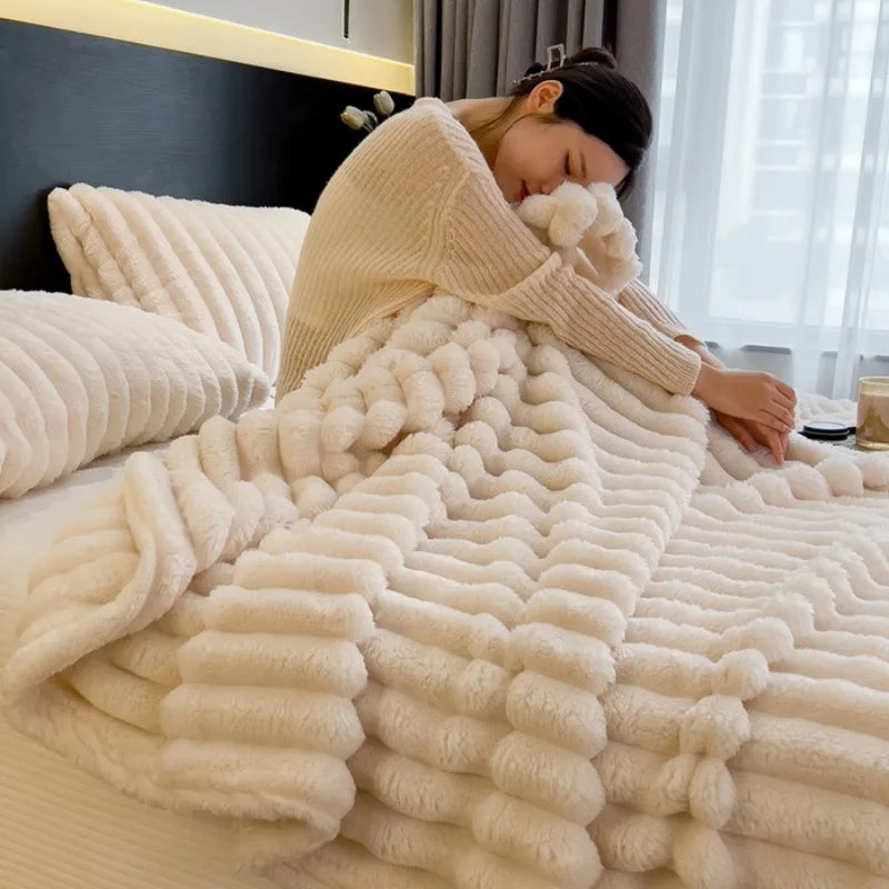 2025 Artificial Rabbit Plush Warm Blanket for Bed, Soft Coral Fleece Sofa Throw Blanket Comfortable Thicken Bed Sheet