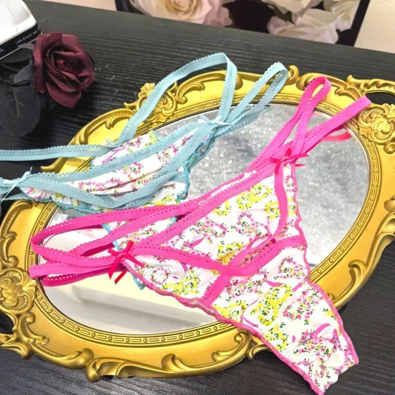 Ruffled Lovely Sweet Thong Briefs women Smooth Satin Panties Floral Printed T-back Underwear Bow Cross Strap Low Rise Underpants