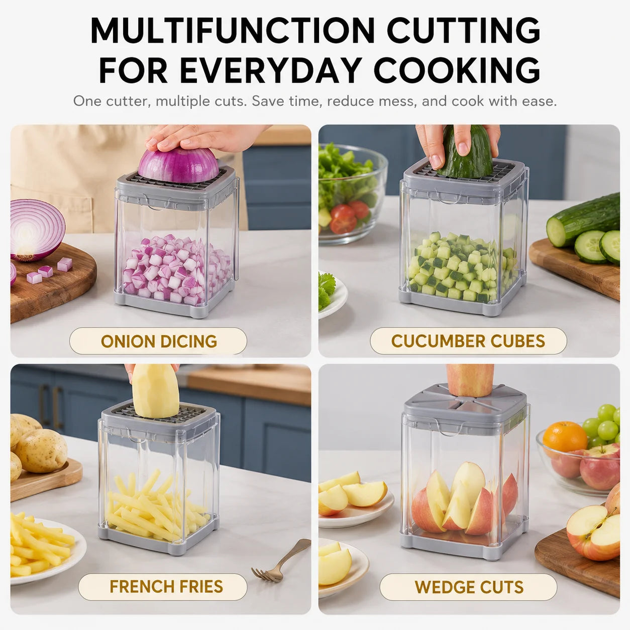 Multifunctional Vegetable Chopper Potato Chipper With 4 Blades Press Down Onion Cutter For Fast Salad Cooking Preparation
