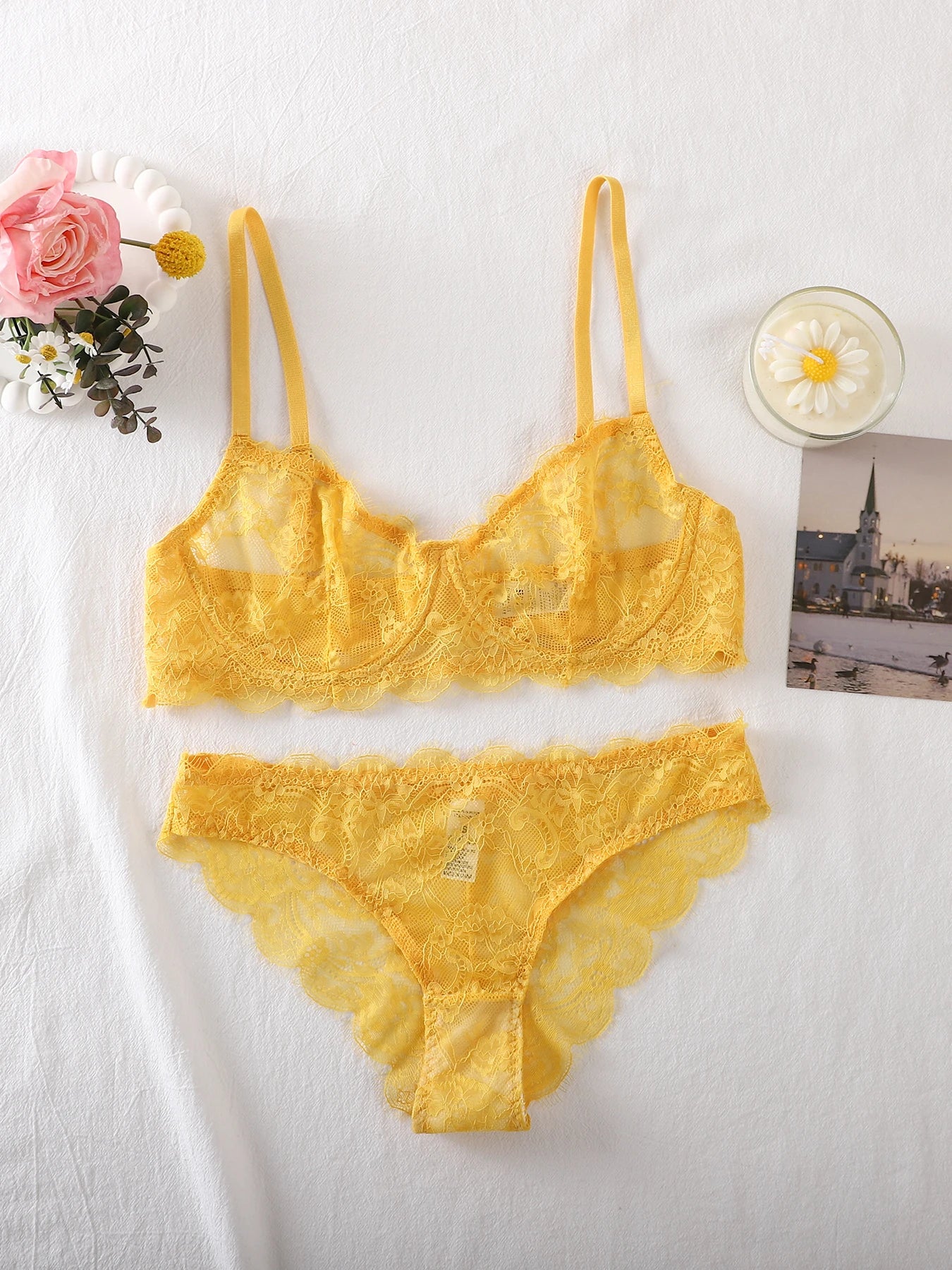 2-Piece Set - Lace Bra + Panties Set - See-Through Lace Lingerie Set  - Lace Women's Lingerie Set - Sexy Lingerie Set