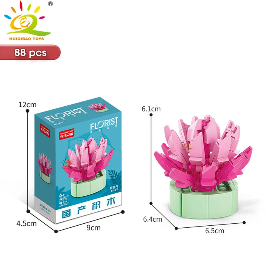 HUIQIBAO MOC Flower Succulent Potted Model Building Block DIY Eternal Bouquet Home Desk Plant Decor Brick Girl Gift Children Toy