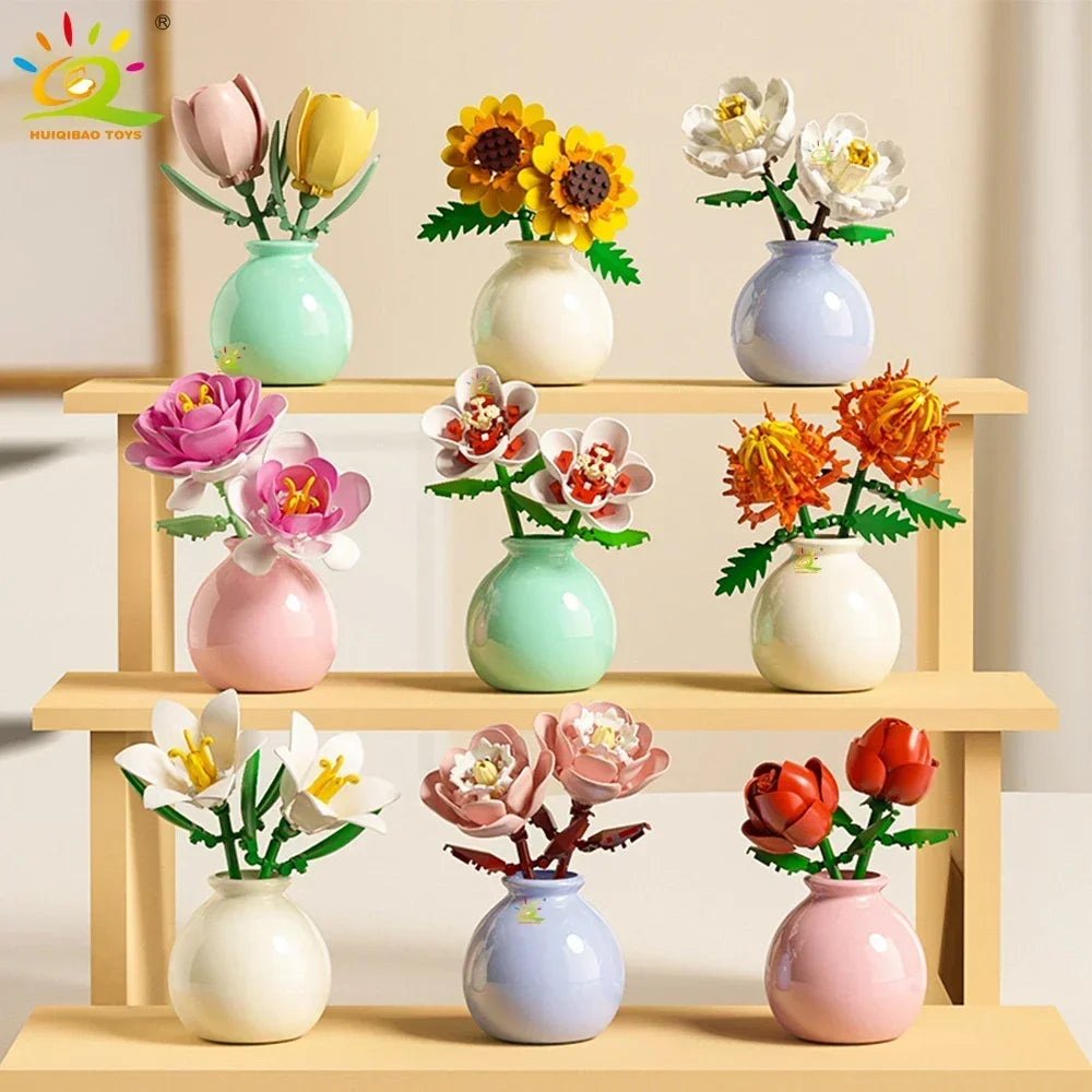 HUIQIBAO MOC Flower with Vase Model Building Block DIY Eternal Bouquet Home Desk Desk Plant Decor Brick Girl Gift Children Toy