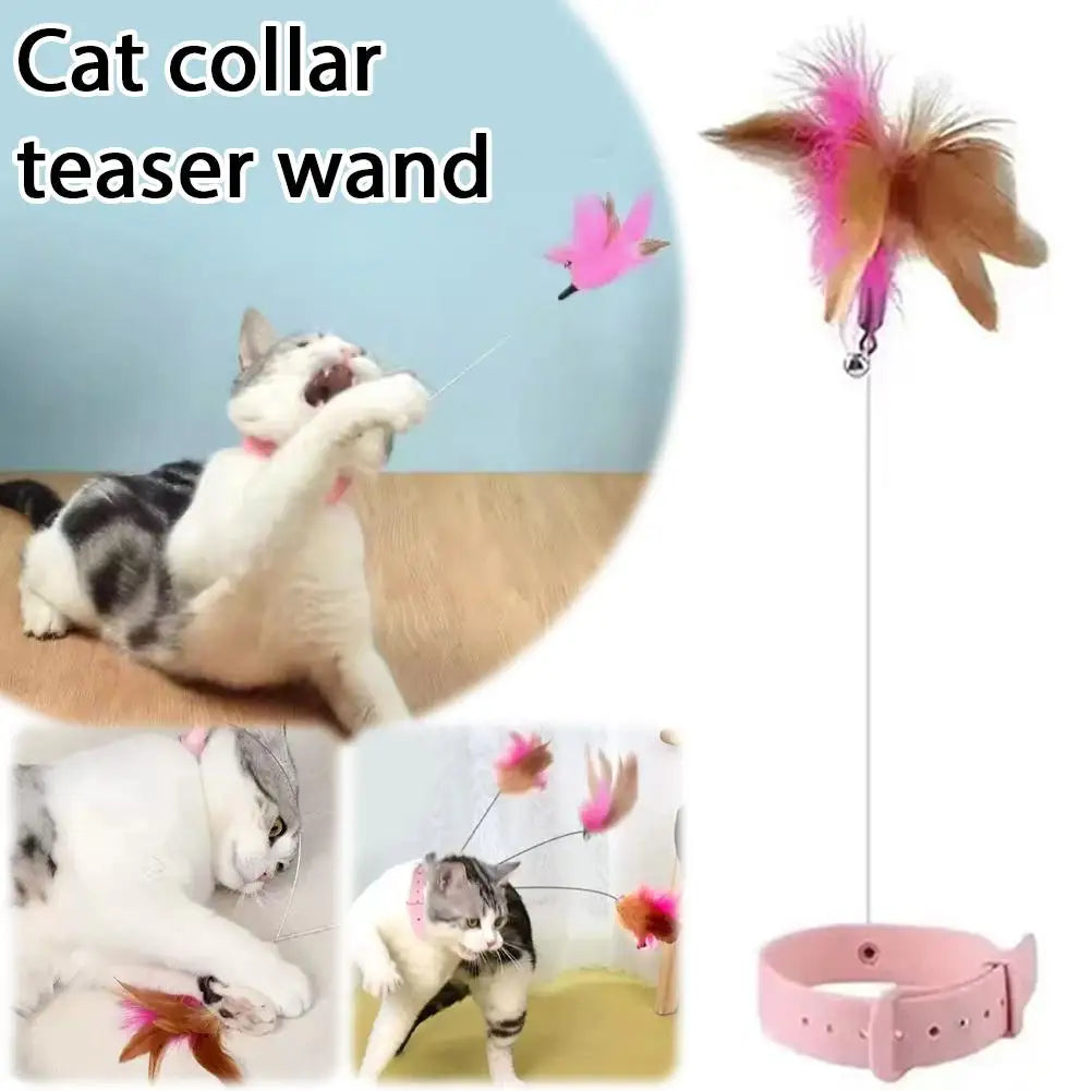 Interactive Cat Collar Toy Teasing Wand with Colorful Feathers and Bell Adjustable Design Self Playing Toy Pet Cat Teaser Wand