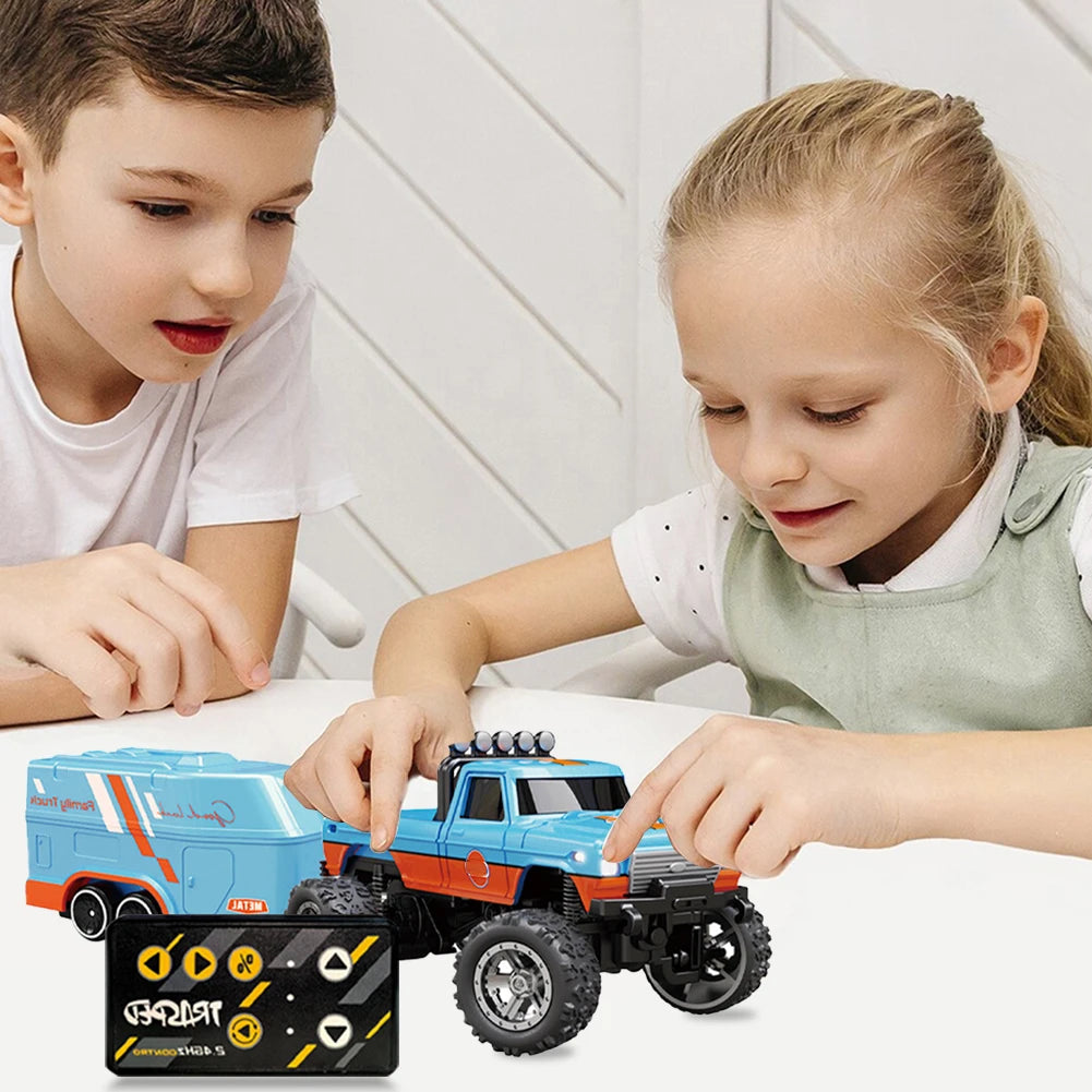 Mini Off-Road Climbing Car with Lights & Trailer All Terrain Off-Road Truck Toy 1:64 Scale 2.4Ghz Remote Control for Kids Gifts