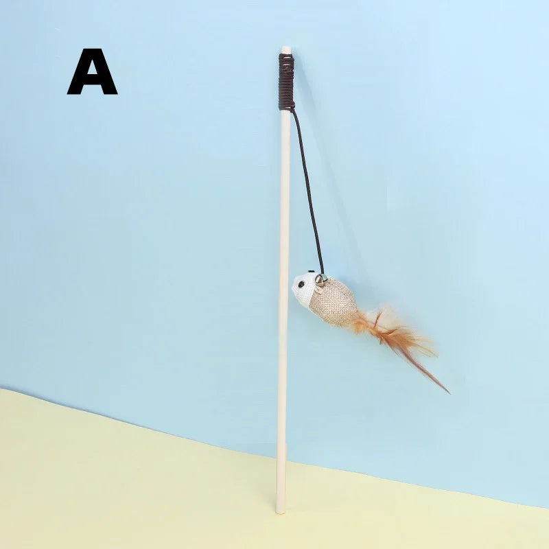New Mouse Wooden Teasing Cat Rod Cat Toy Pet Supplies Feather Bell Wooden Rod Teasing Cat Stick