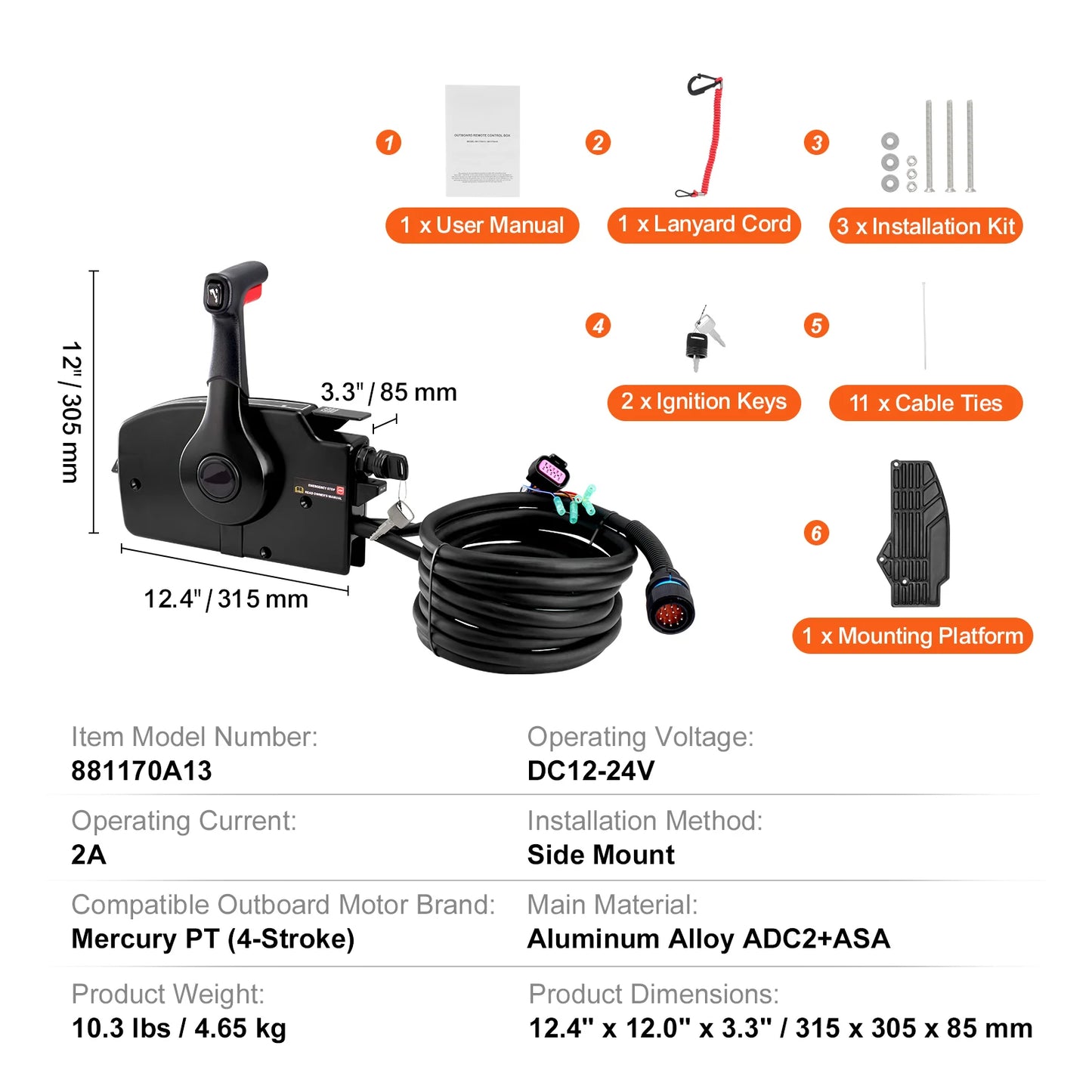 SucceBuy Boat Throttle Control Side Mounted Outboard Remote Box to Mercury PT 4 Stroke Marine Power Trim Switch Harness Lanyard