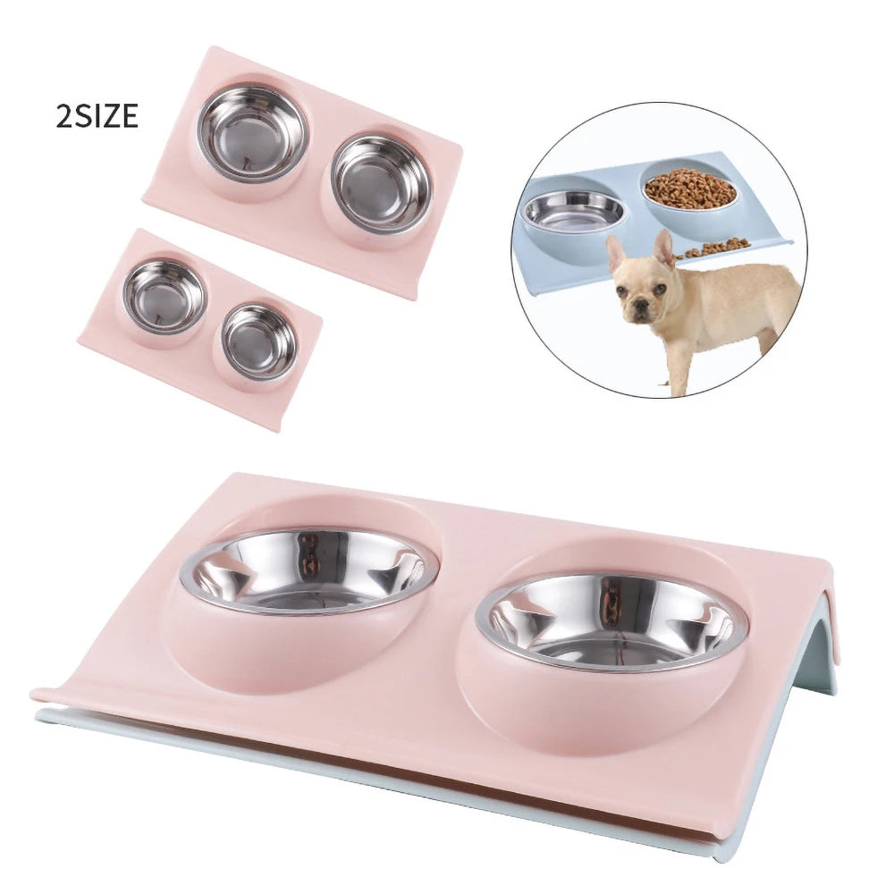 NEW Stainless Steel Double Pet Bowl Twin Dog Food Feeder Station Dish Water Cat