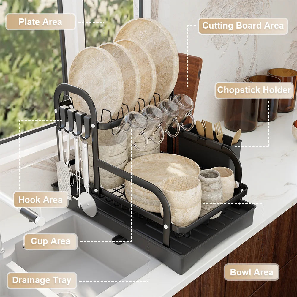 2 Tier Dish Drainer Drying Rack with Cup Holder Cutlery Tray Kitchen Organiser