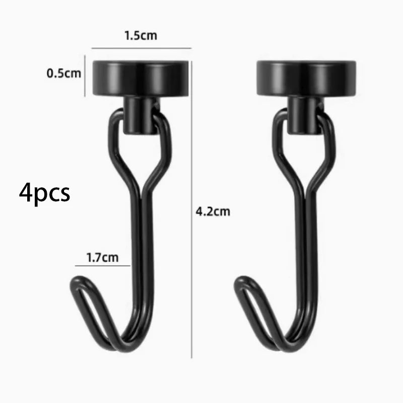 Neodymium Magnetic Hooks 5KG - 360° Rotating No Drill Hangers for Fridge/Doors, 4PCs Heavy Duty Kitchen Organizer (Black/White)